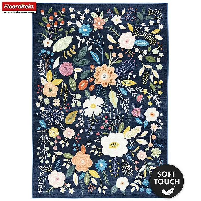 Floordirekt Kurzflorteppich Damaskus 160 x 230 cm - Blau - Dunkelblauer Teppich mit farbenfrohem Blumenmuster.
