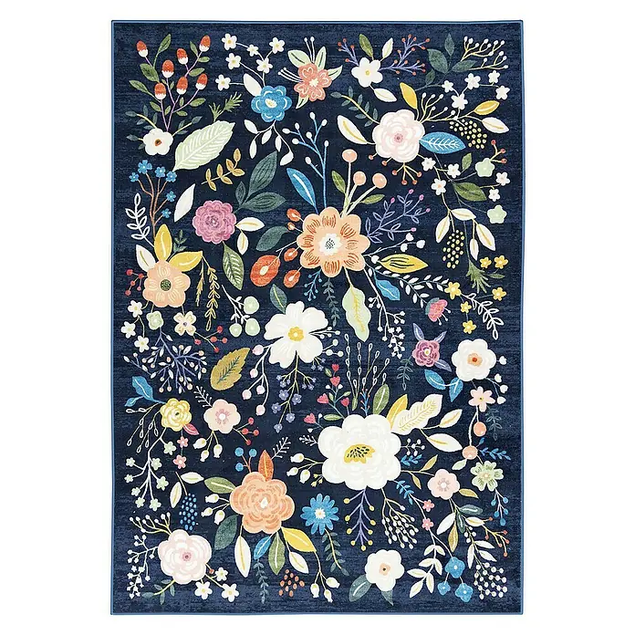 Floordirekt Kurzflorteppich Damaskus 160 x 230 cm - Blau - Dunkelblauer Teppich mit lebhaftem, farbenfrohem Blumenmuster aus weißen, orangefarbenen, rosa und blauen Blüten und grünen Blättern.