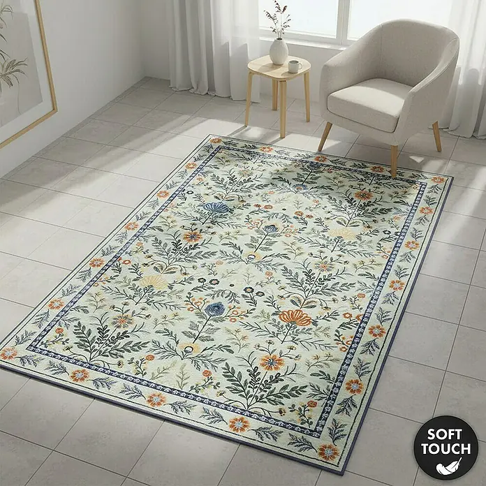 Floordirekt Kurzflorteppich Cascada 200 x 290 cm - Hellgrün - Creme-farbener Blumenteppich mit blauen, orangefarbenen, grünen und gelben Mustern und blauem Rand, auf Fliesenboden in einem Wohnraum.