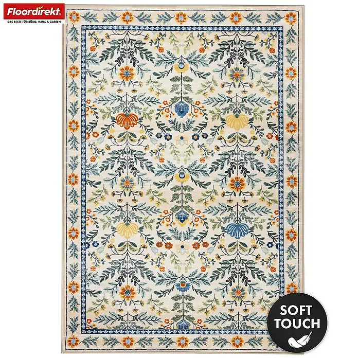 Floordirekt Kurzflorteppich Orientalis 160 x 230 cm - Ecru, 230 x 160 cm - Weicher Teppich mit cremefarbenem Hintergrund und lebhaftem Blumenmuster in Blau, Orange, Gelb, Grün, mit passender Bordüre.