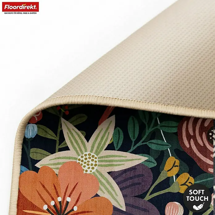 Floordirekt Kurzflorteppich Tropica 200 x 290 cm - Multicolor, 290 x 200 cm - Nahaufnahme eines Teppichs mit farbigem floralem Soft-Touch-Muster und beiger Antirutschunterseite.