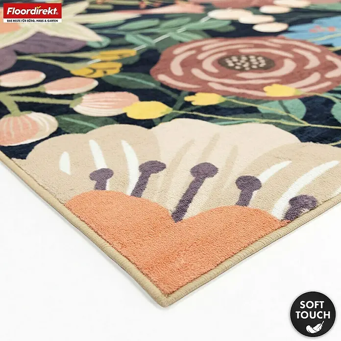 Floordirekt Kurzflorteppich Tropica 200 x 290 cm - Multicolor, 290 x 200 cm - Weicher Teppich mit lebhaftem Blumenmuster in Beige, Orange, Rosa und dunklen Tönen auf dunkelblauem Grund.