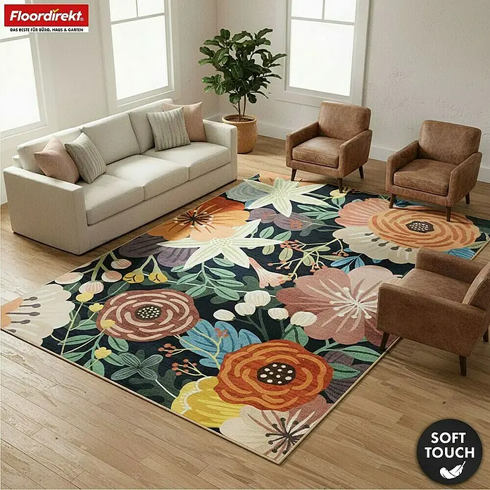 Floordirekt Kurzflorteppich Tropica 200 x 290 cm - Multicolor, 290 x 200 cm - Großer, weicher Blumen-Teppich mit farbigen Blüten auf dunklem Grund im Wohnzimmer.