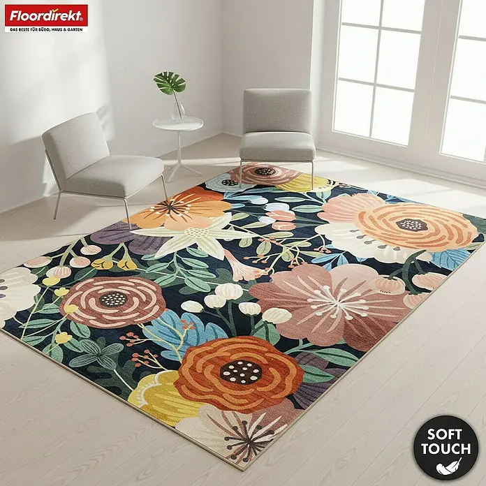 Floordirekt Kurzflorteppich Tropica 200 x 290 cm - Multicolor, 290 x 200 cm - Großer Soft-Touch-Teppich mit leuchtendem Blumenmuster auf dunklem Grund.
