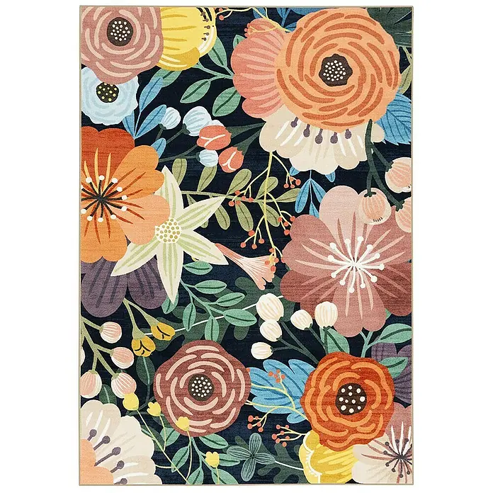 Floordirekt Kurzflorteppich Tropica 200 x 290 cm - Multicolor, 290 x 200 cm - Farbenfroher Blumenteppich mit dunkelblauem Hintergrund und stilisierten Blumen in Orange, Pink, Gelb, Grün.