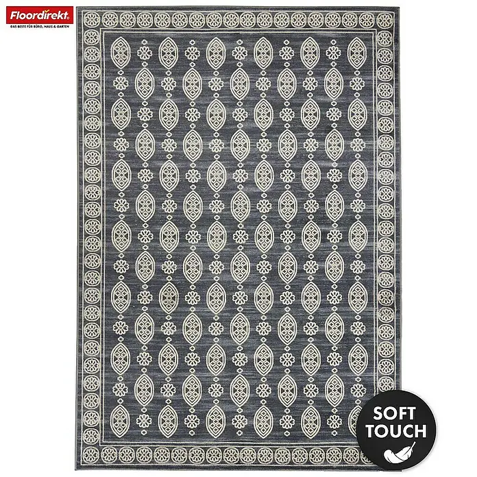 Floordirekt Kurzflorteppich Marrakesh 160 x 230 cm - Anthrazit, 230 x 160 cm - Dunkelgrauer gemusterter Teppich mit aufwendigen hellen geometrischen und floralen Motiven, umrandet von einem sich wiederholenden Design.