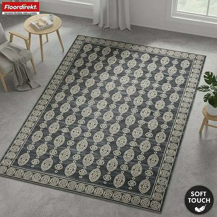 Floordirekt Kurzflorteppich Marrakesh 160 x 230 cm - Anthrazit, 230 x 160 cm - Dunkelgrauer Teppich mit einem kunstvollen beigefarbenen Medaillonmuster und dekorativem Rand, passend für verschiedene Einrichtungsstile.