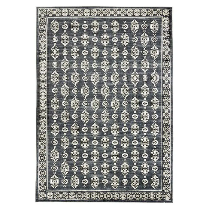 Floordirekt Kurzflorteppich Marrakesh 160 x 230 cm - Anthrazit, 230 x 160 cm - Rechteckiger anthrazitfarbener Teppich mit cremefarbenem traditionellem Rand und sich wiederholenden floralen und ovalen Mustern.