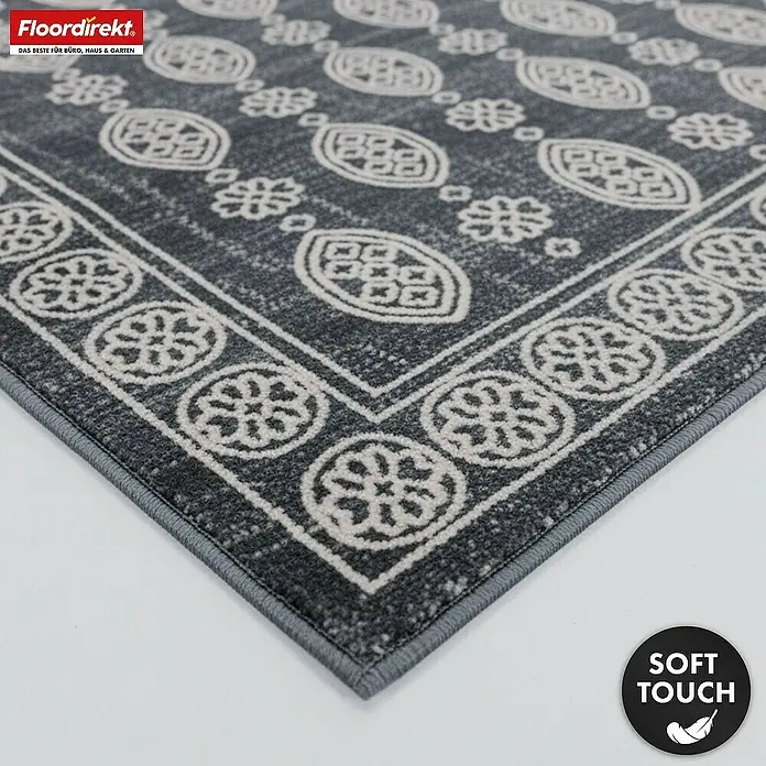 Floordirekt Kurzflorteppich Marrakesh 160 x 230 cm - Anthrazit, 230 x 160 cm - Dunkelgrauer Teppich mit hellem, ornamentalem Muster, bestehend aus floralen und ovalen Motiven, und einem Zierrand.