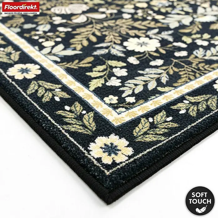 Floordirekt Kurzflorteppich Aristo 160 x 230 cm - Schwarz, 230 x 160 cm - Dunkelblaue Fußmatte mit weißem und hellgelbem Blumenmuster und Bordüre. Weiche Haptik.