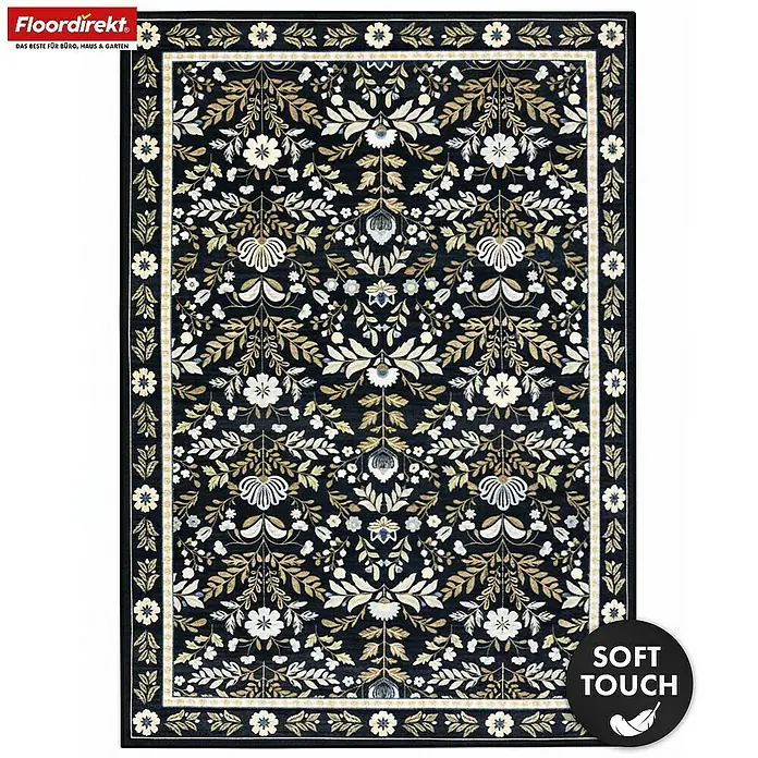 Floordirekt Kurzflorteppich Aristo 160 x 230 cm - Schwarz, 230 x 160 cm - Dunkelblauer Soft-Touch-Teppich mit aufwendigem cremefarbenem und goldenem Blumenmuster und Bordüre.
