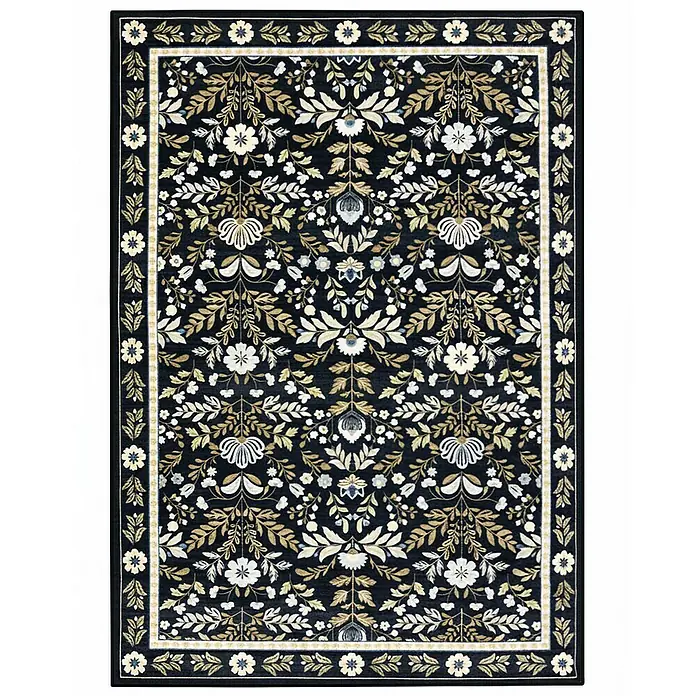 Floordirekt Kurzflorteppich Aristo 160 x 230 cm - Schwarz, 230 x 160 cm - Dunkelblauer floraler Teppich mit botanischen Mustern in Creme, Gold und Hellblau, umrahmt von einer passenden Bordüre.