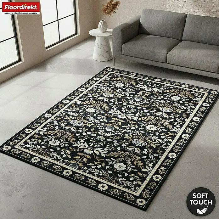 Floordirekt Kurzflorteppich Aristo 160 x 230 cm - Schwarz, 230 x 160 cm - Rechteckiger schwarzer Teppich mit cremefarbenem und goldenem Blumenmuster und Bordüre, weich im Griff, im Wohnzimmer.