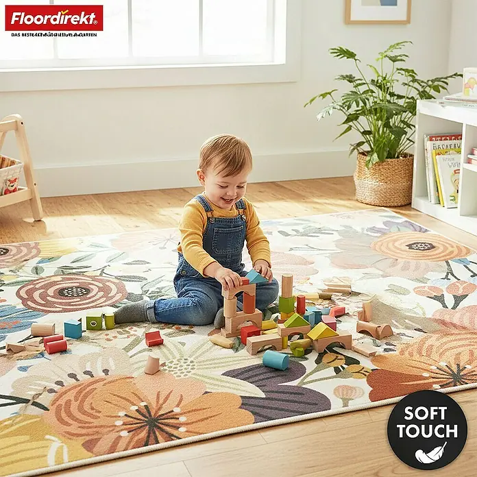 Floordirekt Kurzflorteppich Fleur 200 x 290 cm - Multicolor - Soft Touch Teppich mit lebhaftem Blumenmuster in verschiedenen Farben, als bequemer Spielbereich für ein Kind.