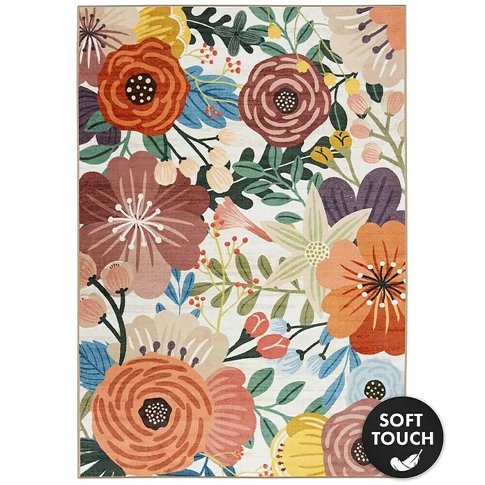 Floordirekt Kurzflorteppich Fleur 200 x 290 cm - Multicolor - Rechteckiger Teppich mit lebhaftem, weichem Blumenmuster in Orange, Rot, Rosa, Gelb, Blau und Grün.
