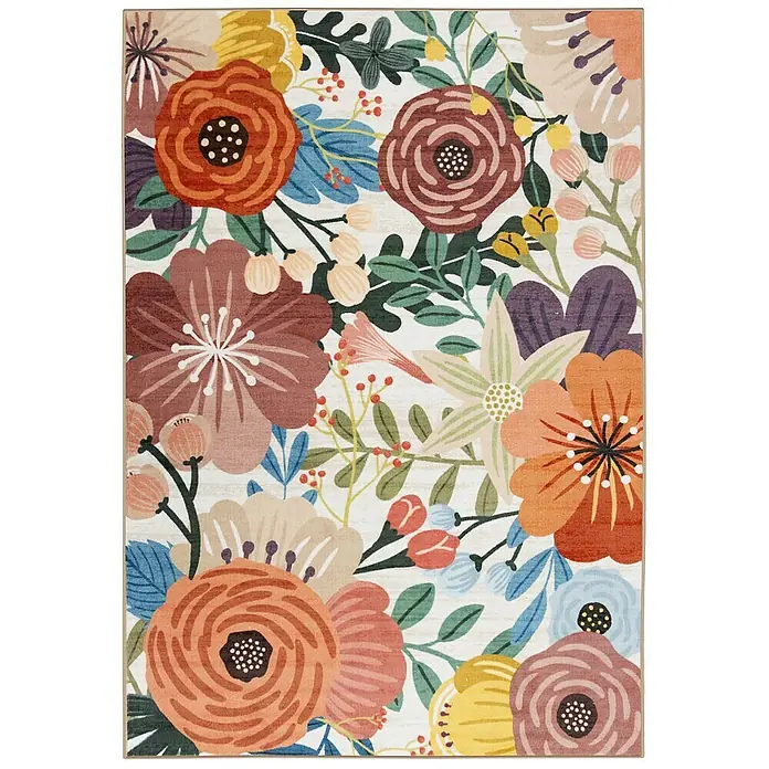 Floordirekt Kurzflorteppich Fleur 200 x 290 cm - Multicolor - Farbenfroher floraler Teppich mit großen, stilisierten Blumen und Blättern in verschiedenen Farbtönen auf hellem Grund.