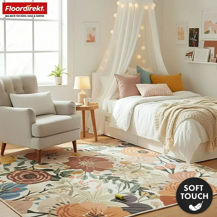 Floordirekt Kurzflorteppich Fleur 200 x 290 cm - Multicolor - Großer Blumen-Teppich in Pastellfarben (Orange, Rosa, Grün, Creme) für ein gemütliches Schlafzimmer. Besonders weich.