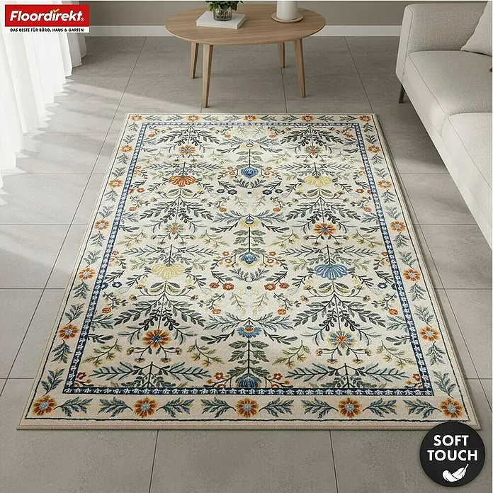 Floordirekt Kurzflorteppich Orientalis 200 x 290 cm - Ecru, 290 x 200 cm - Rechteckiger cremefarbener Teppich mit blauen, orangen und gelben Blumenmustern. Weiches Material.