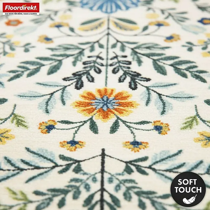 Floordirekt Kurzflorteppich Orientalis 200 x 290 cm - Ecru, 290 x 200 cm - Nahaufnahme eines hellcremefarbenen Teppichs mit farbigem Blumen- und Blattmuster in Orange, Gelb, Blau und Grün.