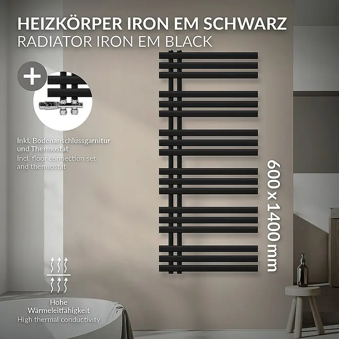 LuxeBath Badheizkörper Handtuchheizkörper Handtuchwärmer mit Durchgangsform Thermostatventil - B x H: 60 x 140 cm, Schwarz