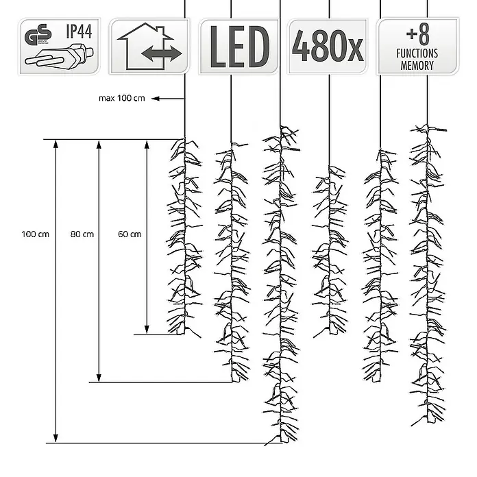 ECD Germany LED-Lichtervorhang Cluster 480 LEDs 0,6-1m für Innen & Außen IP44 Warmweiß - Innen, 200 cm, Warmweiß, 480 Stk., Netzbetrieben