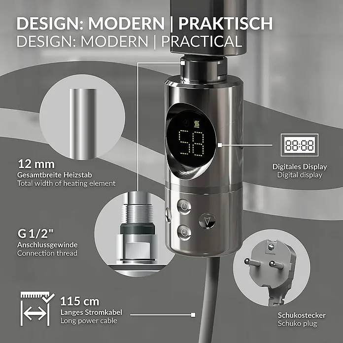 LuxeBath Elektro-Badheizkörper Handtuchwärmer Elektrisch Seitenanschluss mit Heizstab 1200W gerade - B x H: 60 x 180 cm