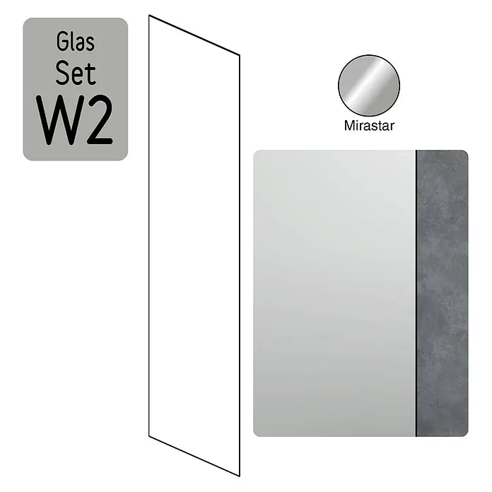 Camargue Meran Mix & Match Duschwand - B x H: 140 x 200 cm, Beschichtet, Silber Glänzend, Ausführungseigenschaft: B: 970mm Spiegelglas + B: 400mm Spiegelglas, Glänzend - Produktbild eines Glas-Sets W2 mit Mirastar-Spiegel und einer Glasscheibe für Badezimmer oder ähnliche Räume.
