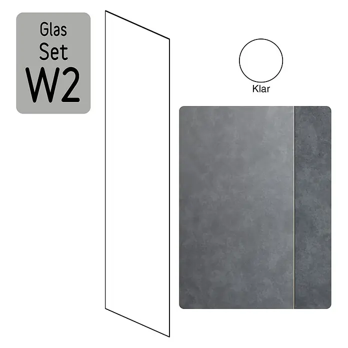 Camargue Meran Mix & Match Duschwand - B x H: 100 x 200 cm, Beschichtet, Silber, Ausführungseigenschaft: B: 570mm Klarglas + B: 400mm Klarglas, Matt - Abbildung eines Glas-Sets W2, einer klaren Glasscheibe und einer grauen Oberfläche. Das Produkt ist für Badezimmer oder ähnliche Räume geeignet.