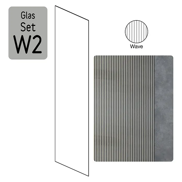 Camargue Meran Mix & Match Duschwand - B x H: 140 x 200 cm, Beschichtet, Silber, Ausführungseigenschaft: B: 1170mm Wellenglas + B: 200mm Wellenglas - Abbildung eines Glas-Sets W2 mit Wave-Design, bestehend aus einer transparenten Glasscheibe und einem Paneel mit vertikalen Linien und Beton-Optik.