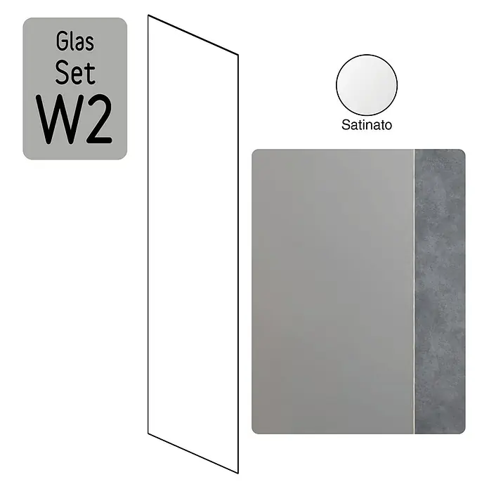 Camargue Meran Mix & Match Duschwand - B x H: 140 x 200 cm, Beschichtet, Silber, Ausführungseigenschaft: B: 970mm Satiniertes Glas + B: 400mm Satiniertes Glas, Matt - Produktansicht des Glas Sets W2 mit Satinato Oberfläche, bestehend aus Spiegel und Glaselementen. Elegantes Design für moderne Badezimmer.