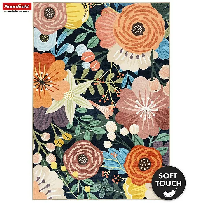 Floordirekt Kurzflorteppich Tropica 160 x 230 cm - Multicolor, 230 x 160 cm - Floraler Teppich mit dunkelblauem Hintergrund und bunten Blumen. Weiche Haptik.