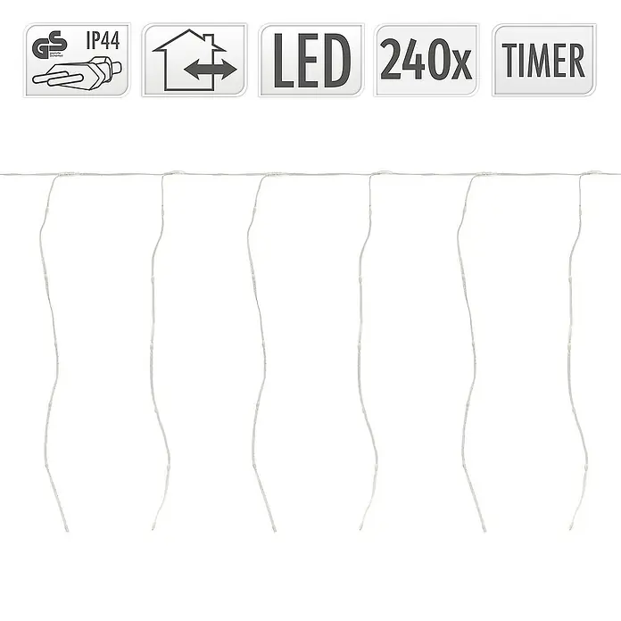 ECD Germany LED-Lichtervorhang 240 LEDs 6m für Innen & Außen IP44 Warmweiß - Innen, Warmweiß, 240 Stk., Netzbetrieben - Weiße LED-Eiszapfen-Lichterkette mit 240 LEDs und Timer-Funktion, IP44 für Innen/Außen.