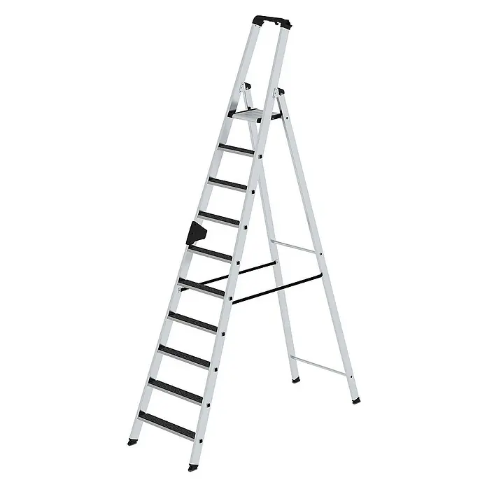 Proregal Stehleiter einseitig begehbar - Anzahl Tritte: 10 Stk., Arbeitshöhe: 4.350 mm, Belastbarkeit: 150 kg, Aluminium - Silberne Aluminium-Klappleiter mit schwarzen rutschfesten Stufen und einem oberen Griff.