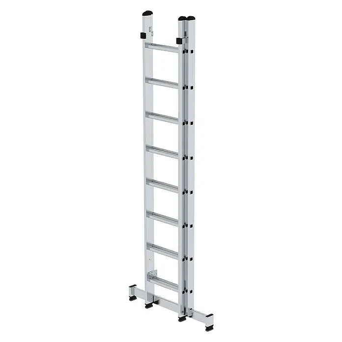 Proregal Mehrzweckleiter 2-teilig - Anzahl Tritte: 16 Stk., Arbeitshöhe: 5.300 mm, Belastbarkeit: 150 kg, Aluminium - Silberne Aluminium-Ausziehleiter mit breiter Stabilisatorbasis und schwarzen rutschfesten Füßen.