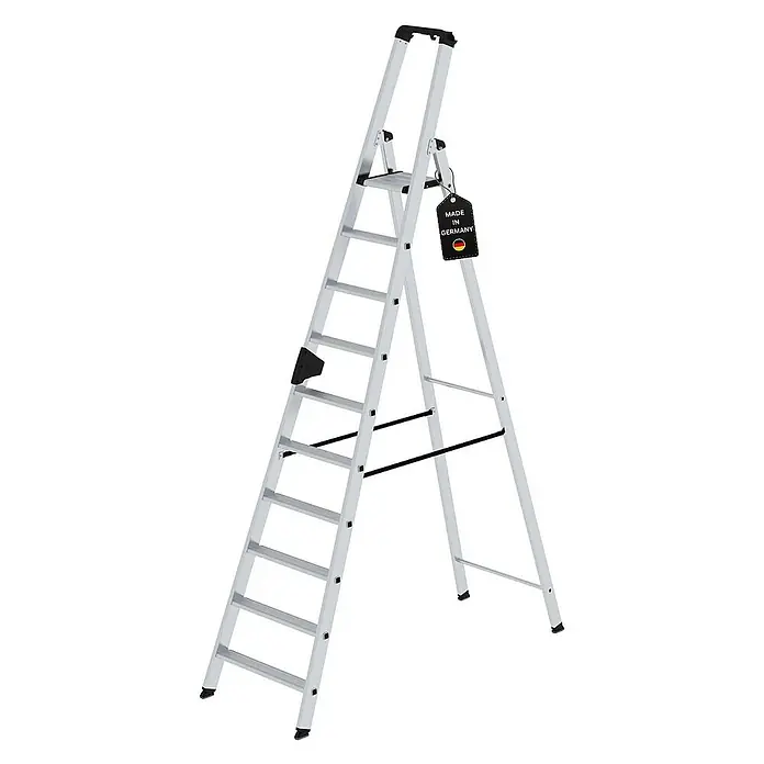 Proregal Stehleiter einseitig begehbar - Anzahl Tritte: 10 Stk., Arbeitshöhe: 4.350 mm, Belastbarkeit: 150 kg, Aluminium - Silberne Aluminium-Stehleiter mit schwarzen Akzenten und „Made in Germany“-Etikett.