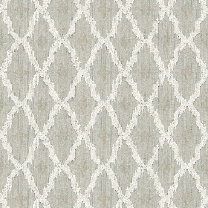 Tadessi Vliestapete M1-No.3866 - Creme, Streifen, 10,05 x 0,53 m - Grauer und beiger Ikat-Musterstoff mit rautenförmigem Gitter in Off-White. Neutrales, strukturiertes Textil.