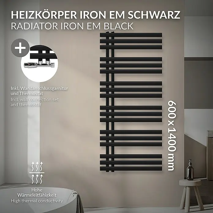 LuxeBath Badheizkörper Design Handtuchheizkörper Handtuchwärmer mit Eckform Thermostatventil - B x H: 60 x 140 cm, Schwarz