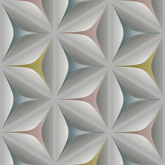 Tadessi Vliestapete M1-No.919 - Rosa, Sonstiges, 10,05 x 0,53 m - Nahtloses geometrisches Muster mit 3D-Effekt, hellgrauen blütenförmigen Elementen und Akzenten in Rosa, Türkis und Gelb.