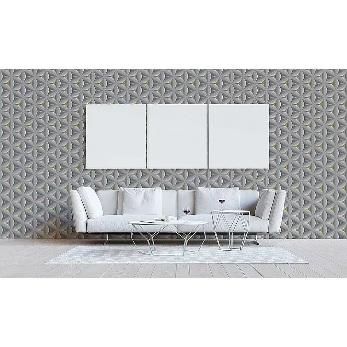 Tadessi Vliestapete M1-No.919 - Rosa, Sonstiges, 10,05 x 0,53 m - Drei weiße rechteckige Leinwände nebeneinander über einem Sofa in einem modernen Wohnzimmer.