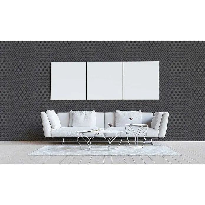 Tadessi Vliestapete M1-No.3869 - Schwarz, Streifen, 10,05 x 0,53 m - Dunkelgraue Tapete mit dezentem, sich wiederholendem Ogee-Muster in einem modernen Wohnzimmer.