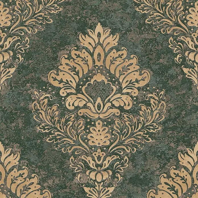 Tadessi Vliestapete M1-No.633 - Grün, Ornament, 10,05 x 0,53 m - Dunkelgrüne und goldene Damastmuster-Tapete mit strukturierter Oberfläche.