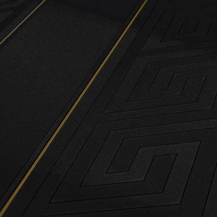 Tadessi Vliestapete M1-No.878 - Schwarz, Streifen, 10,05 x 0,7 m - Schwarze, texturierte Oberfläche mit geometrischen Mustern und Goldlinien.