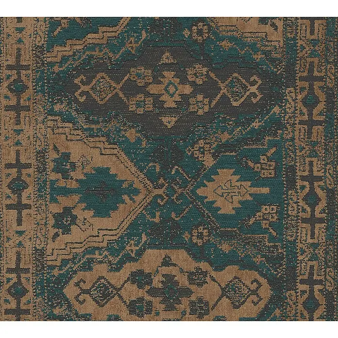 Tadessi Vliestapete M1-No.1607 - Braun, Sonstiges, 10,05 x 0,53 m - Verwitterter Teppich in Petrol und Braun mit geometrischen und Stammesmotiven.