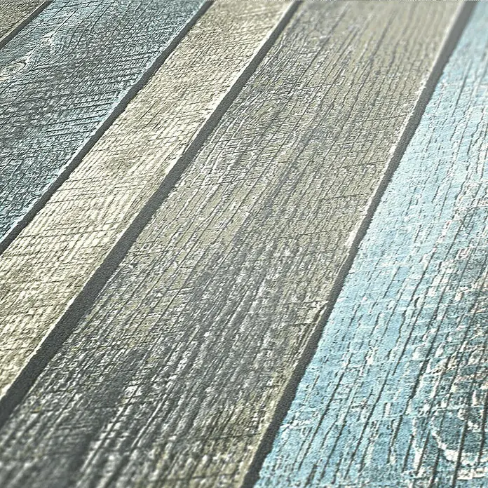 Tadessi Vliestapete M1-No.56 - Grau, Holzoptik, 10,05 x 0,53 m - Verwitterte Holzplankenoberfläche in mattem Blau, Grau und Beige.