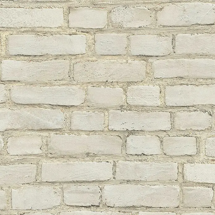 Tadessi Vliestapete M1-No.396 - Grau, Steinoptik, 10,05 x 0,53 m - Strukturierte weiße Ziegelwand mit unregelmäßigen Ziegeln und sichtbarem Mörtel.