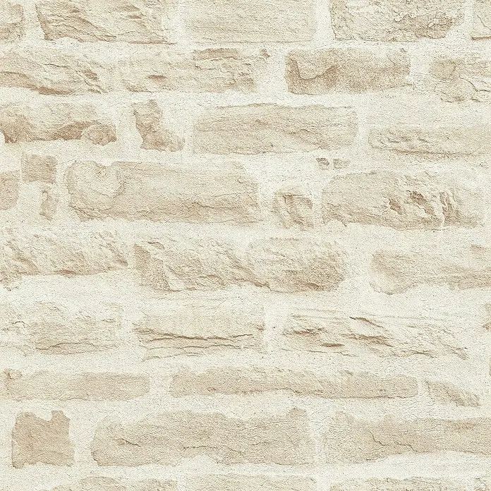 Tadessi Vliestapete M1-No.2592 - Creme, Steinoptik, 10,05 x 0,53 m - Hellbeigefarbene strukturierte Tapete, die unregelmäßigen Natursteinblöcken ähnelt.