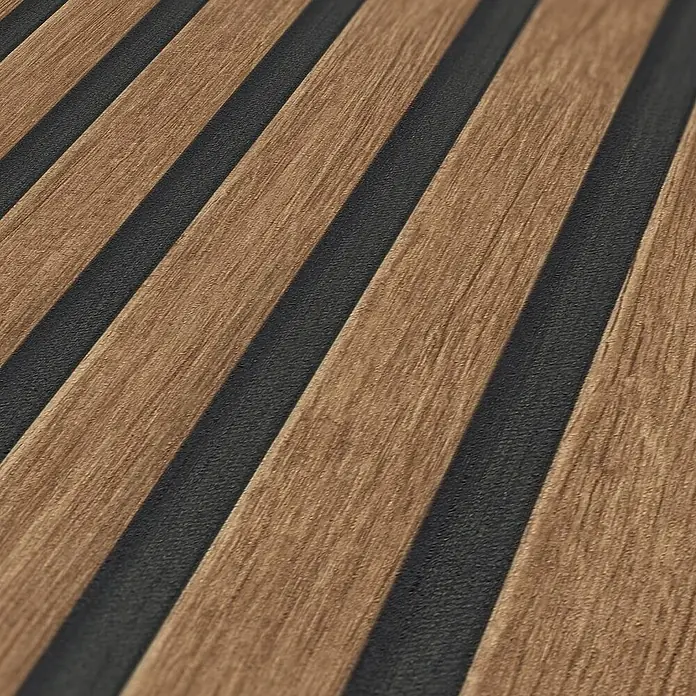 Tadessi Vliestapete - Schwarz, Streifen, 10,05 x 0,53 m - Braune Holzlamellen wechseln sich mit dunkelgrauen Texturstreifen ab und bilden eine dekorative Platte.