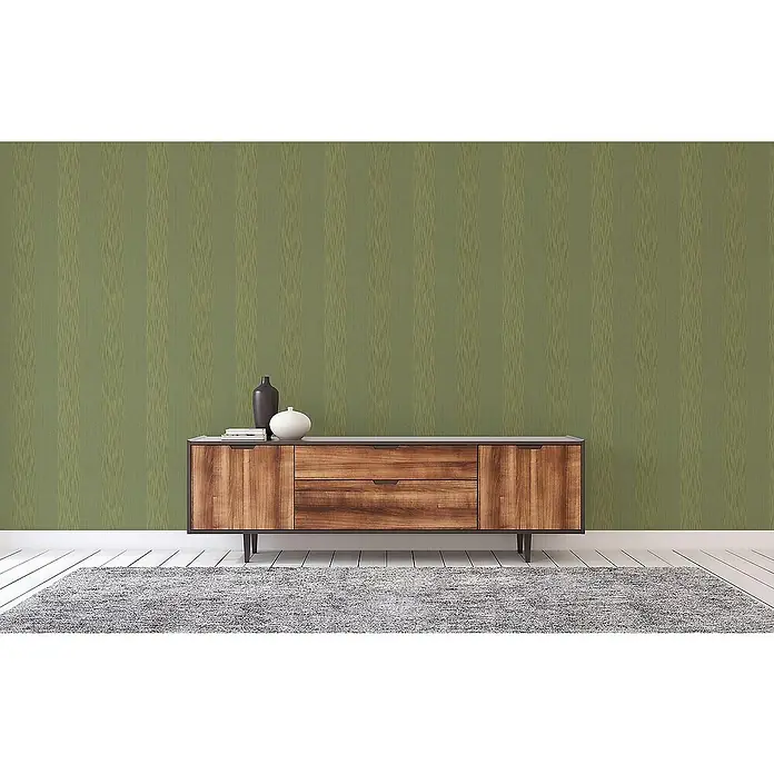 Tadessi Vliestapete M1-No.3804 - Grün, Streifen, 10,05 x 0,53 m - Holz-Sideboard mit zwei Schubladen und Türen, grauer Platte, zur Aufbewahrung.