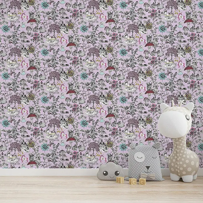 Tadessi Vliestapete M1-No.728 - Schwarz, Floral, 10,05 x 0,53 m - Verspielte lila Tapete mit detailliertem Muster aus Einhörnern, Schlössern, Eichhörnchen und Hasen im Kinderzimmer.