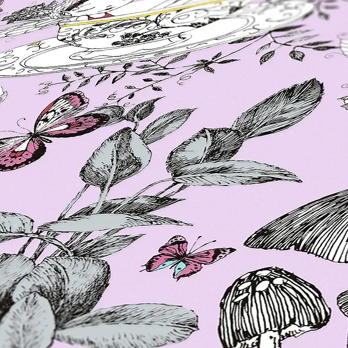 Tadessi Vliestapete M1-No.728 - Schwarz, Floral, 10,05 x 0,53 m - Gemustertes Material in Helllila mit aufwendiger Linienkunst von Blättern, rosa Schmetterlingen und verspielten Dekorelementen.
